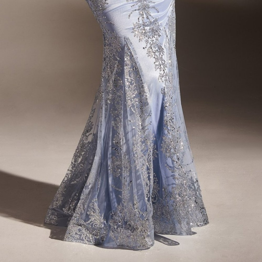 NEW BLUE EVENING FITTED FLORAL GLITTER PRINT CORSET SHEATH GOWN CD810 - Picture 4 of 7